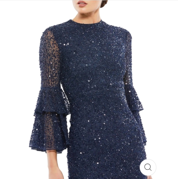 NWT Mac Duggal Fully Sequined Ruffle Tiered Bell Sleeve Midi Dress Navy 14 10802 - Picture 3 of 8